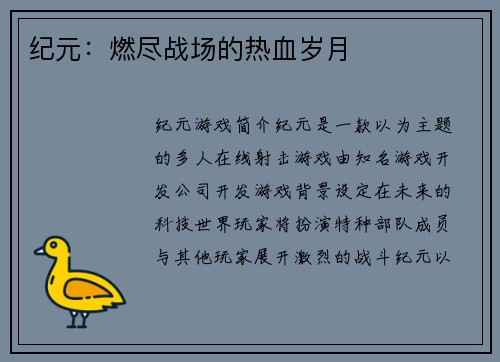 纪元：燃尽战场的热血岁月