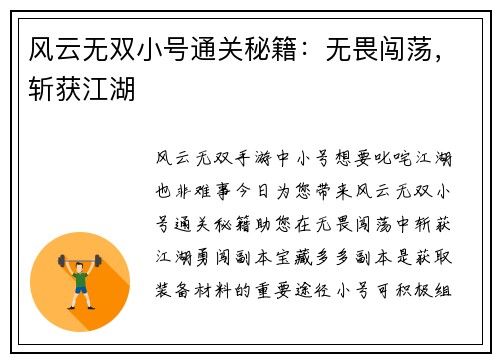 风云无双小号通关秘籍：无畏闯荡，斩获江湖